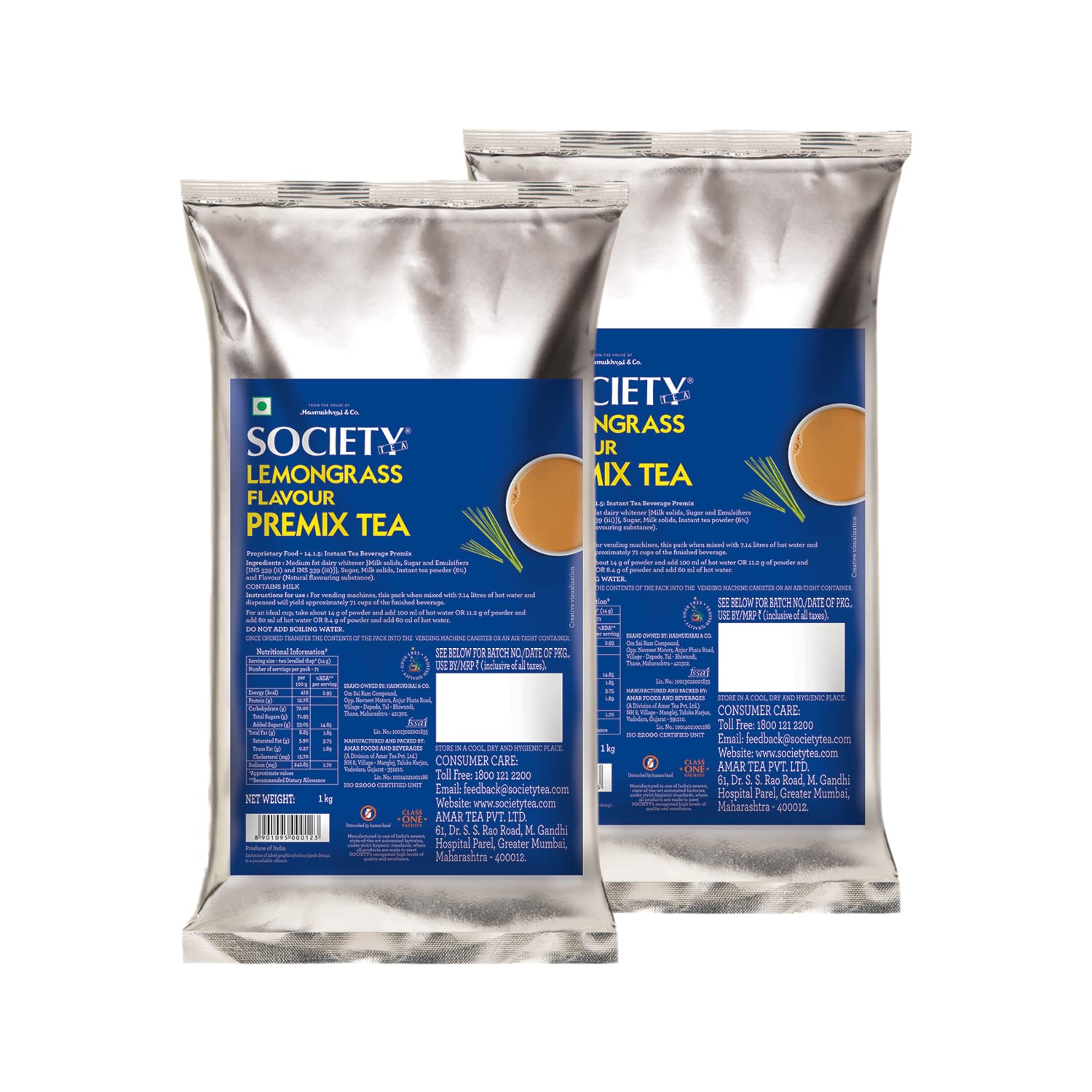 Society One Minute Tea Lemongrass Flavor Instant Tea Premix - Pack Of 2 X 1 Kg, 35.2 Ounce Each | Made With Lemongrass - Low Caffeine Chai Patti | Flavored Instant Black Tea