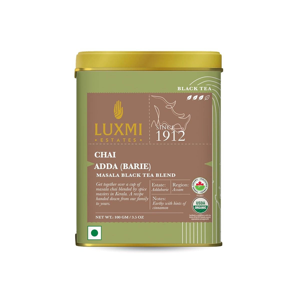Luxmi Estates Chai Adda Barie Black Tea - 100gm, 3.5 Ounce | USDA Certified Organic Masala Black Tea Blend - Indian Spice Chai Enriched With Cinnamon & Cardamom