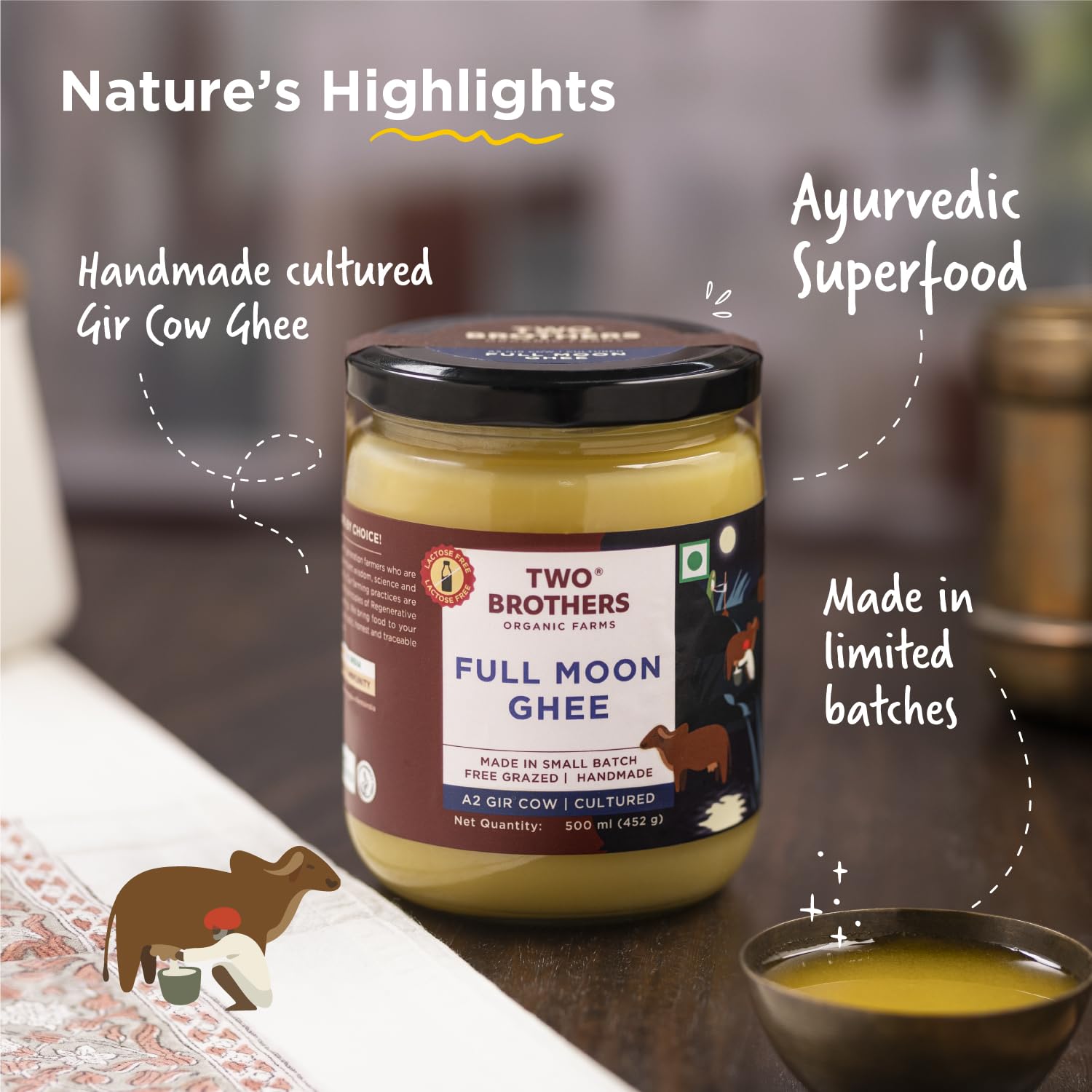 Natural Full Moon A2 Gir Cow Cultured Desi Ghee By Two Brothers Organic Farms | Naturally & Healthy Protein Fiber Desi Ghee Improves Eyesight | (500ml) 16.9 Ounce | Jar Pack