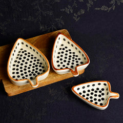 Leaf Shaped Hand Painted Ceramic Glossy Tray - Set Of 3, White, Black Dots | For Serving Cookies, Dry Fruits, Sweets & Snacks, Length – 16 Cm, 15 Cm & 12 Cm | Small Platter Set