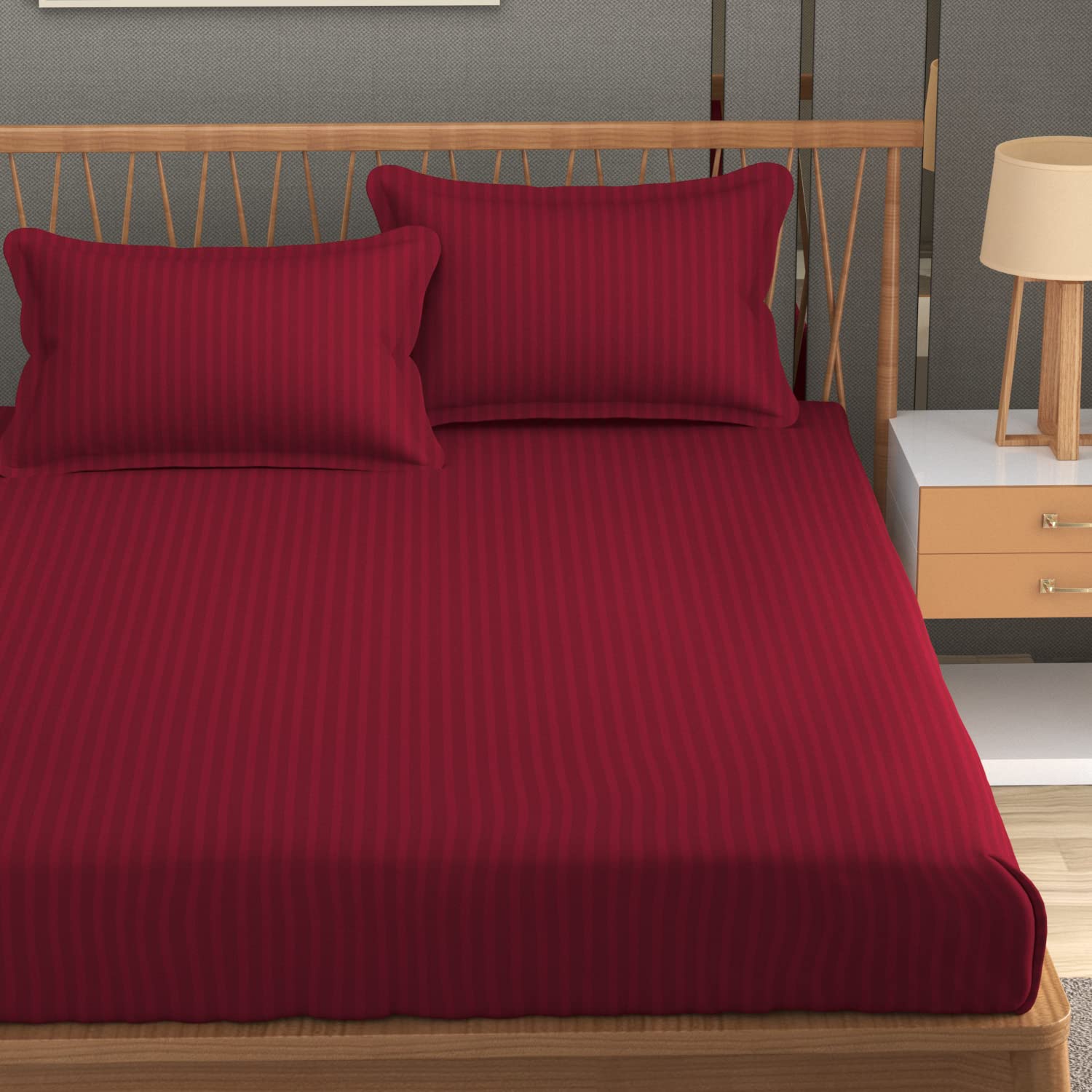 Stripe Glace Cotton 1 Double Bedsheet With 2 Pillow Cover - 91 X 90 Inches, Maroon | Fade Resistant & Durable Breathable & Wrinkle Free Bed Sheet