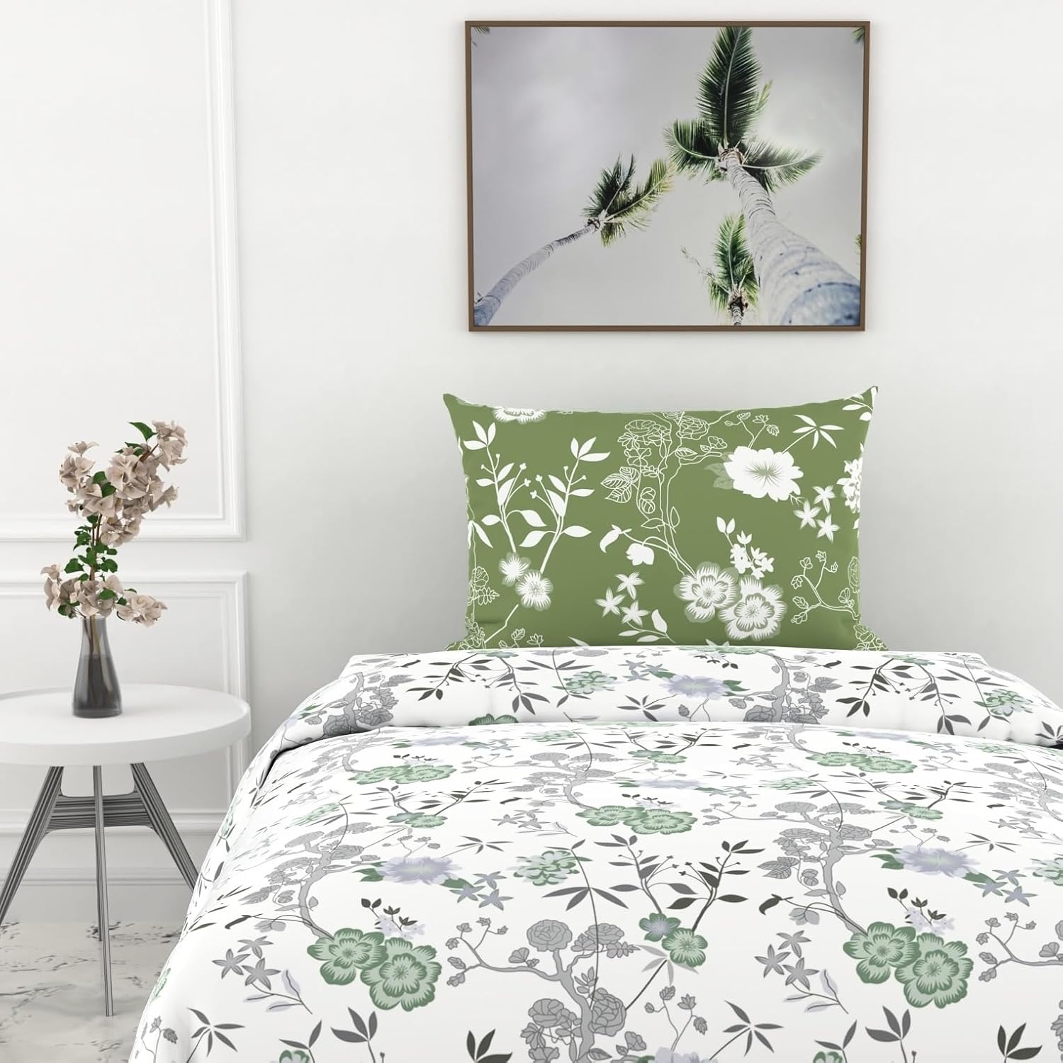 1 Single Bedsheet & 1 Pillow Cover - 54 X 84 Inches, Sage Green & White | Coordinated Look For Your Bedding | Durable & Easy To Maintain