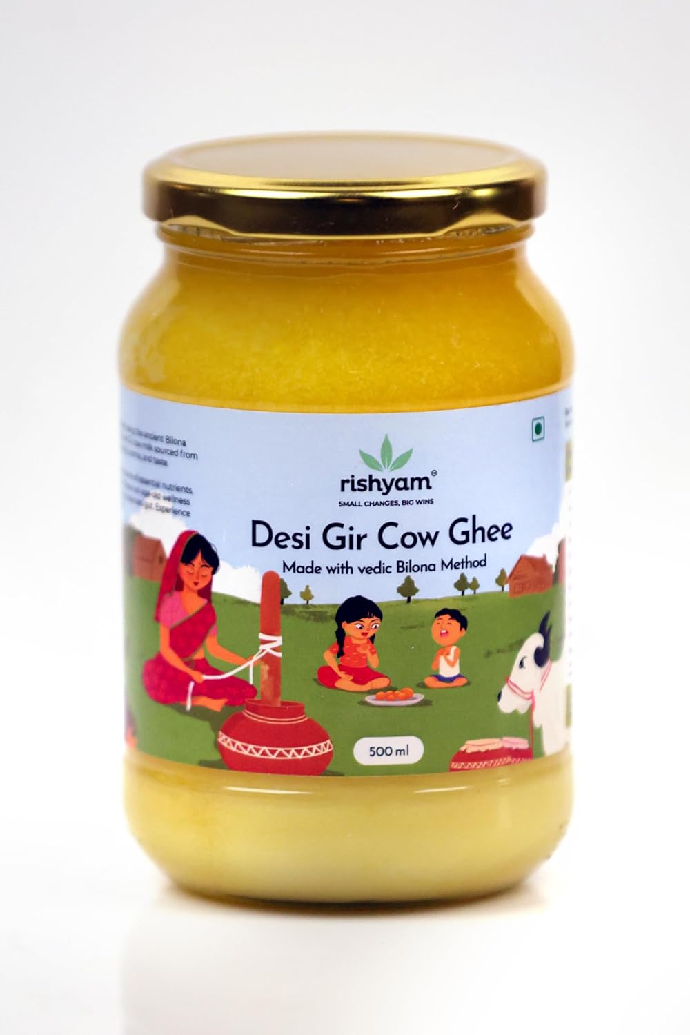 Organic Natural Desi Gir Cow Ghee By Rishyam | Made With Vedic Bilona Method Indian Gir Cow Ghee Good For Dishes | (500ml) 16.9 Ounce | Jar Pack