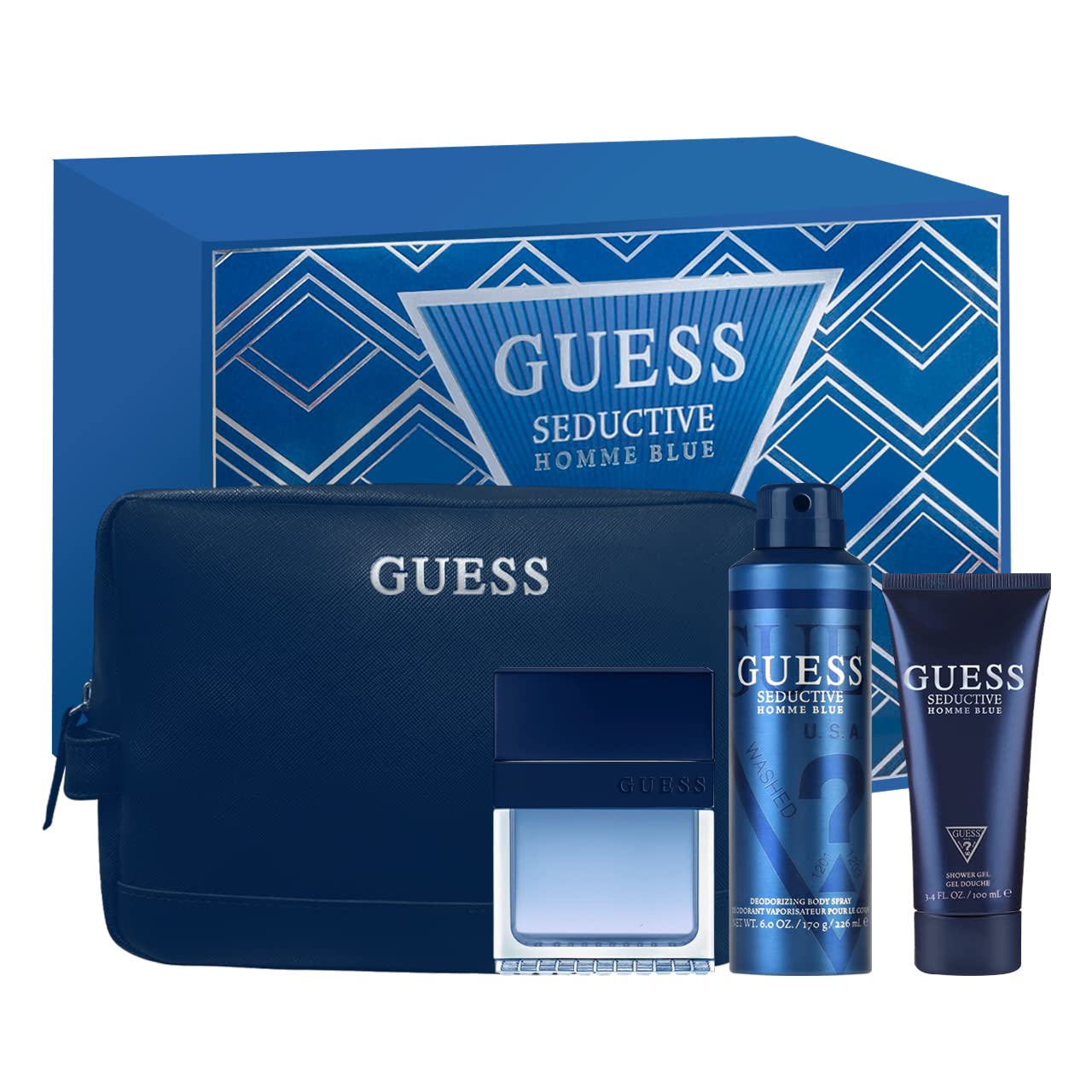 Guess Seductive Homme Blue Men Gift Set EDT 3.4fl.oz. + Shower Gel 3.4fl.oz.  + Body Spray 5.9 Oz.+ Pouch