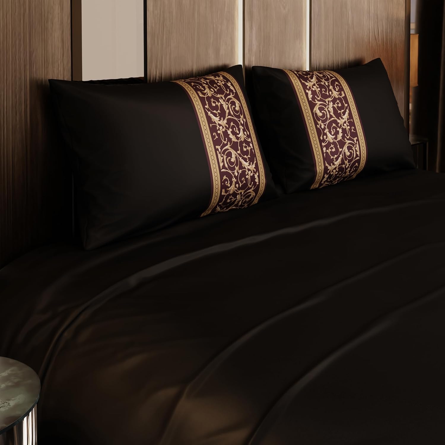 Bedsheet For Super King Size Bed With 2 Matching Pillow Cover - 108 X 108 Inches, Black & Gold | Ideal For Healthy Skin & Hair | 100% Premium Fabric Is Lightweight, Soft & Comfortable