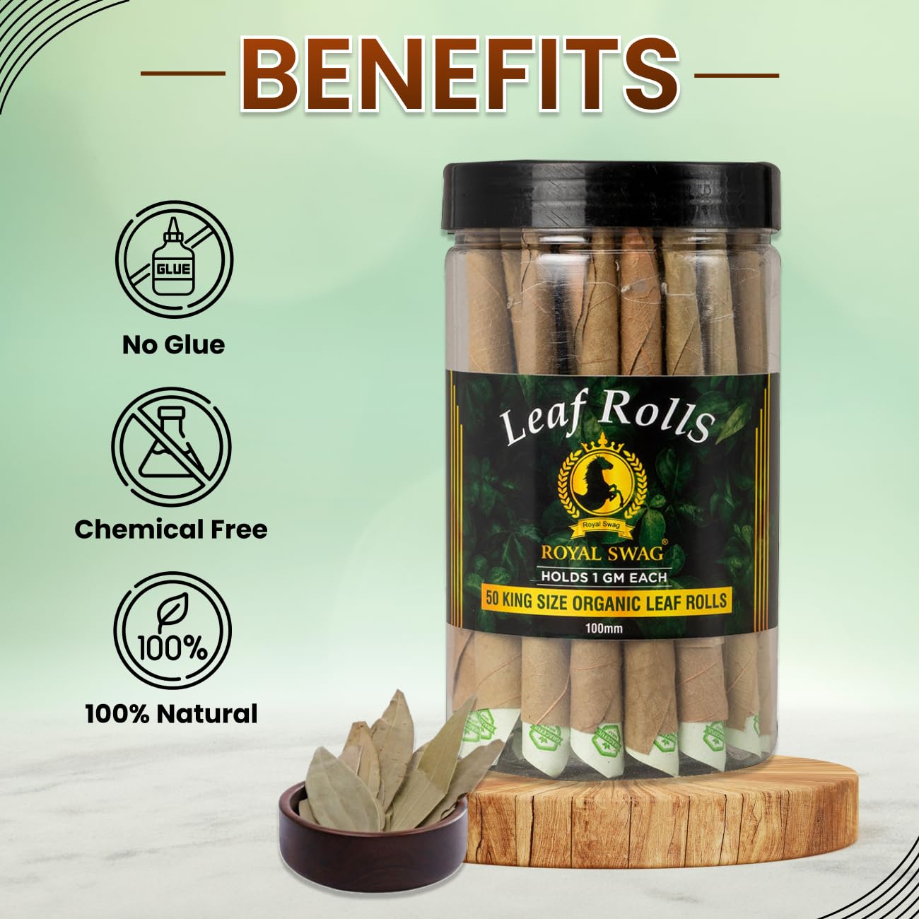 Royal Swag Tobacco & Nicotine Free Smoking Mixture With 100% Natural Herbal Smoking Blend 1 Pack -100gm With 100mm King Size Tendu Palm Leaf Rolls Ready To Use Cones Jar Of 50 Pcs Pack