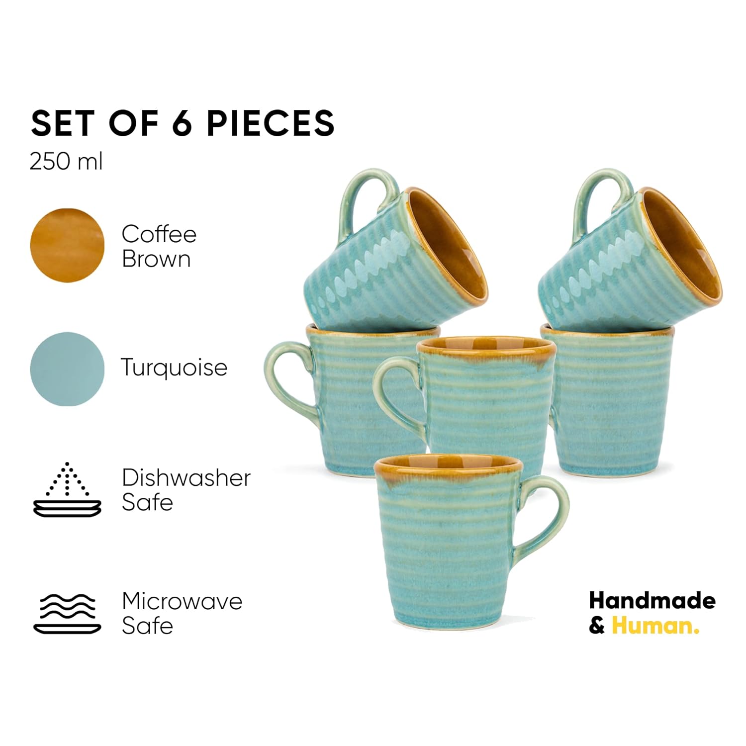 Ceramic Artisanal Coffee Cup Set Of 6 - 290ml Each, Turquoise Blue | Medium Cup With Glossy Finish - Stoneware Coffee Cup Set | Ceramic Everyday Cup - Microwave Safe & Dishwasher Safe