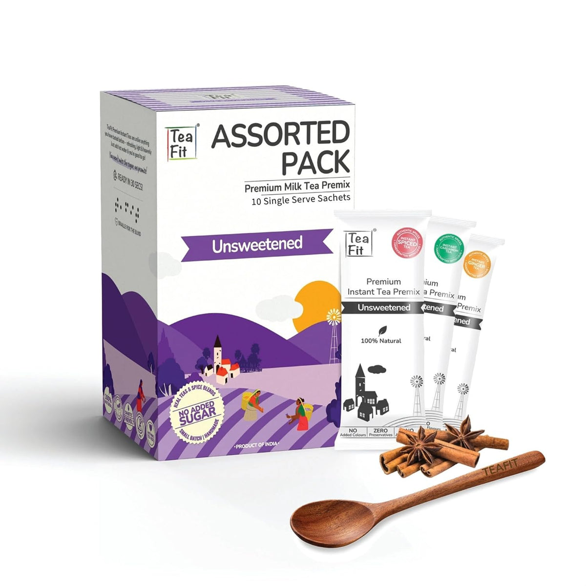 Teafit Premium Milk Tea Premix Assorted Tea - Pack Of 10 Sachets With Spoon | Made With Ginger Cardamom Masala Saffron Lemongrass - Just Add Water | No Sweeteners, Gluten Free