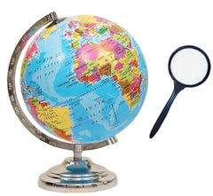 Globe 10 Inch Height, 8 Inch Diameter Rotating World With Magnifying Glass, Steel Finish Arc & Base, World, For Home & Office Decor, Best Gift For Students (Blue) Pack Of 1