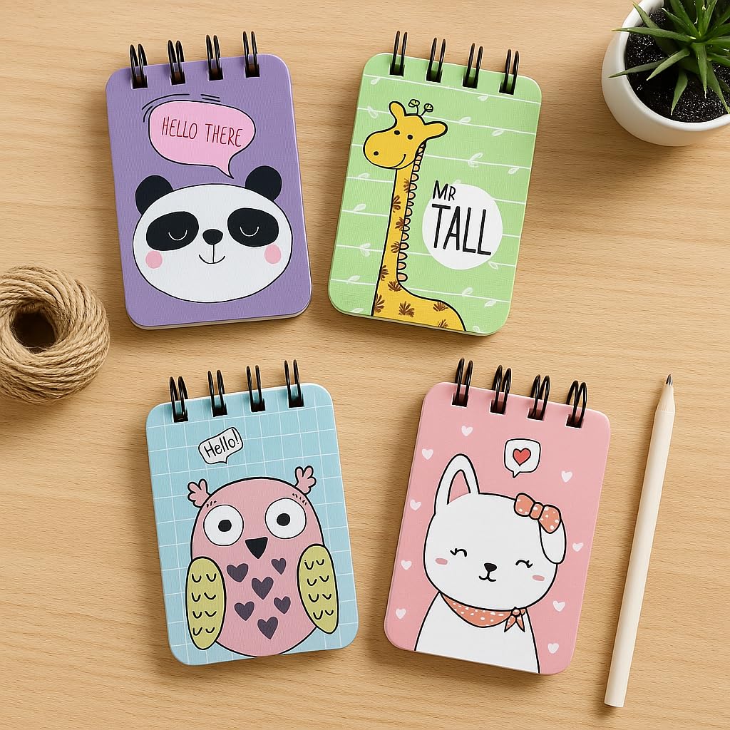 Spiral Pocket Notebook, Cute Mini Notepad, Handy Notebook For School (Zoo Tales) Pack Of 4