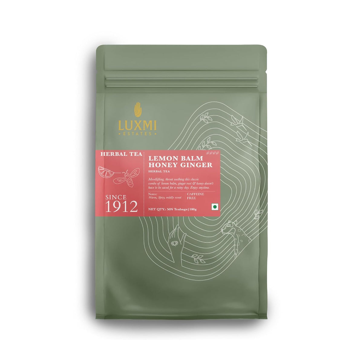 Luxmi Estates Lemon Balm Honey Ginger Herbal Tea - 100gm, 3.5 Ounce, 50 Tea Bags | USDA Certified Organic Herbal Tea - Caffeine Free Herbal Tea | Rich In Antioxidants, Additives Free
