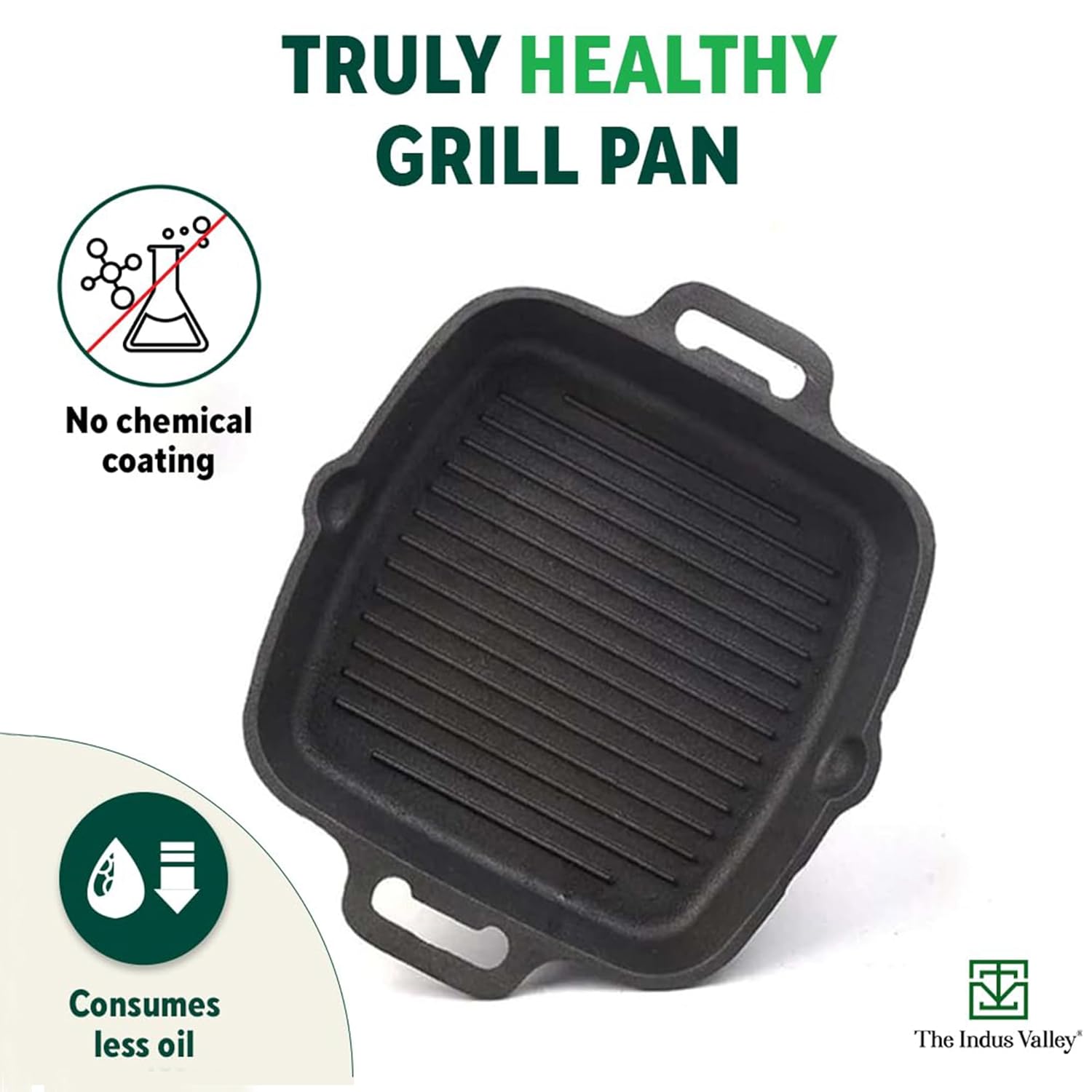 Pre-Seasoned Black Cast Iron Grill Pan With Double Handle - Medium, 26.7 Cm, 10.5 Inch, 1.8 Liters, 3.3 Kg | Induction Friendly, 100% Pure & Toxin-Free, No Chemical Coating