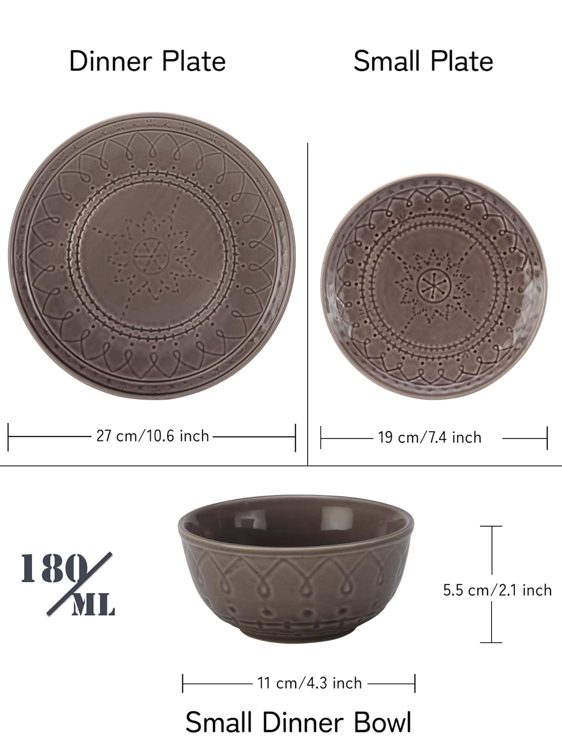 Handcrafted Stoneware Embossed Ceramic Dinner Set Of 6 Pcs - Ash Grey | 2 Dinner Plates+ 2 Small Plates+ 2 Small Bowls, 180ml Each - Microwave & Dishwasher Safe | Serving For 2