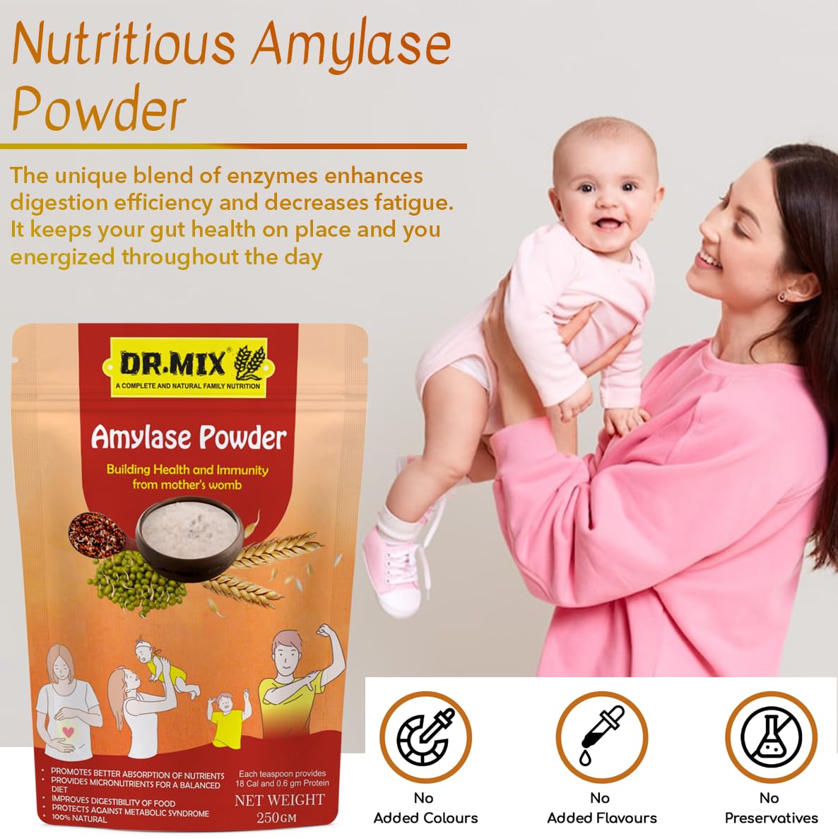 Dr. Mix Nutritious Amylase Powder, Contains Enzymes & Probiotics, Improves Digestion, Increase Absorption Of Nutrients, Decreases Thickness Of Food | 250gm 0.5lbs
