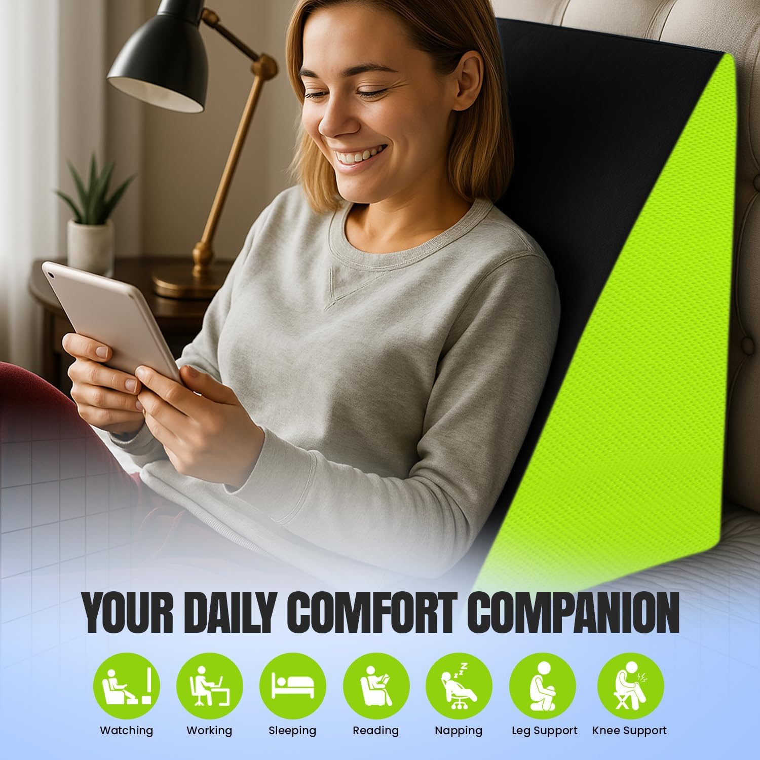 Wedge Memory Foam Pillow, Back Support Pillow For Bed, Snoring, Black & Green | Acid Reflux, Gerd, Leg Elevation, Pregnancy Support For Sitting & Sleeping | Wedge Cushion Pillow
