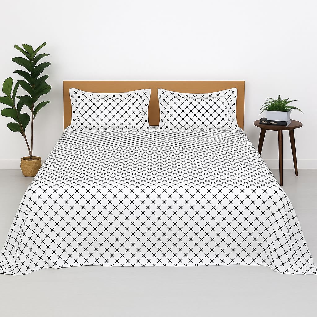 Ninja Star Double Bedsheet With 2 Pillow Covers - 90 X 100 Inches, White & Black | Soft, Breathable & Skin-Friendly Bedding For Daily Use