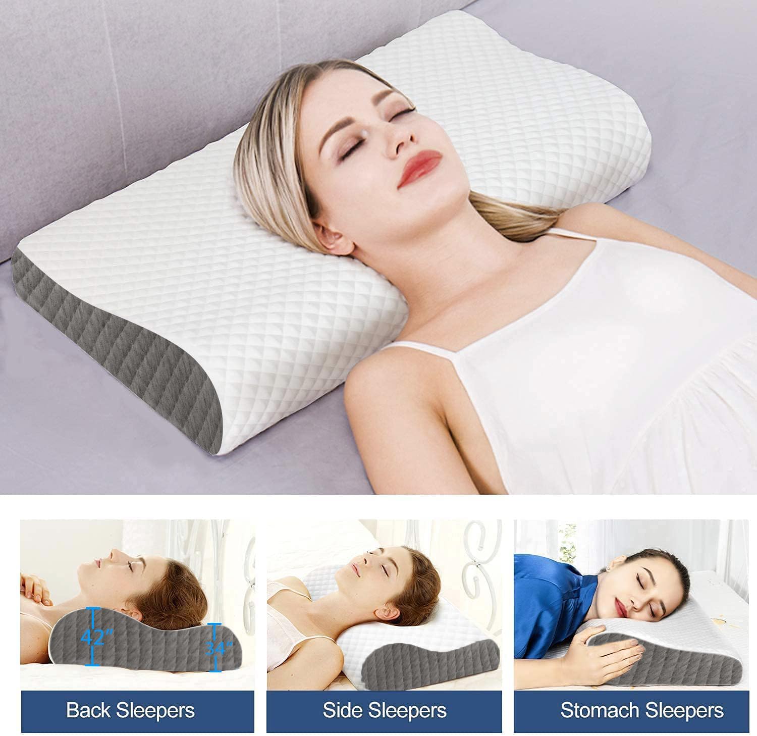 Memory Foam Pillow, Ergonomic Cervical Pillow, Neck Support, Sado Dark Grey & White | Contour Cervical Orthopedic Supports Neck Pain & Shoulder Pain For Sleeping, Adjustable Pillow