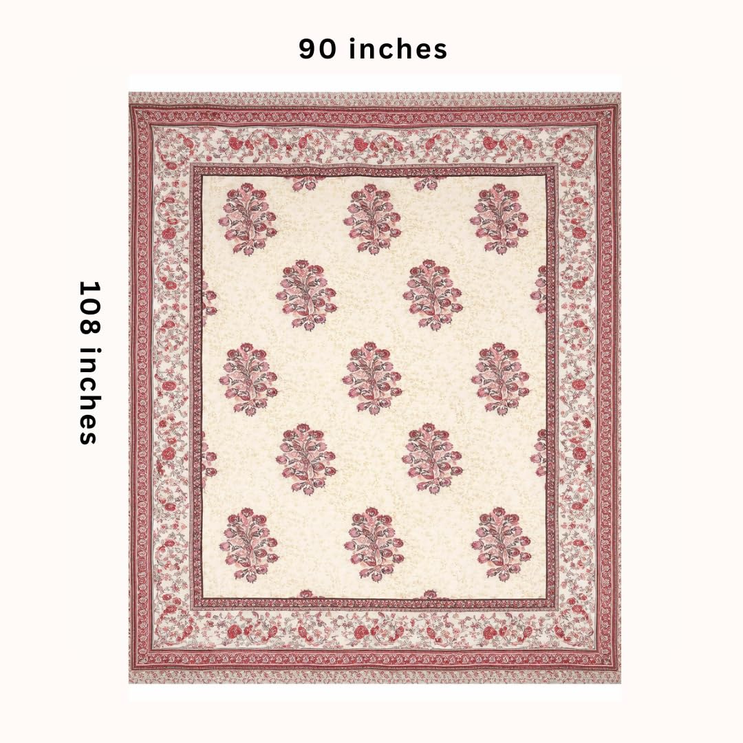 Jaipuri Cotton Bedsheet For King Size With 2 Pillow Covers | 90 X 108 Inches, Cream & Red | Ultra-Soft & Skin-Safe | Breathable Summer Comfort