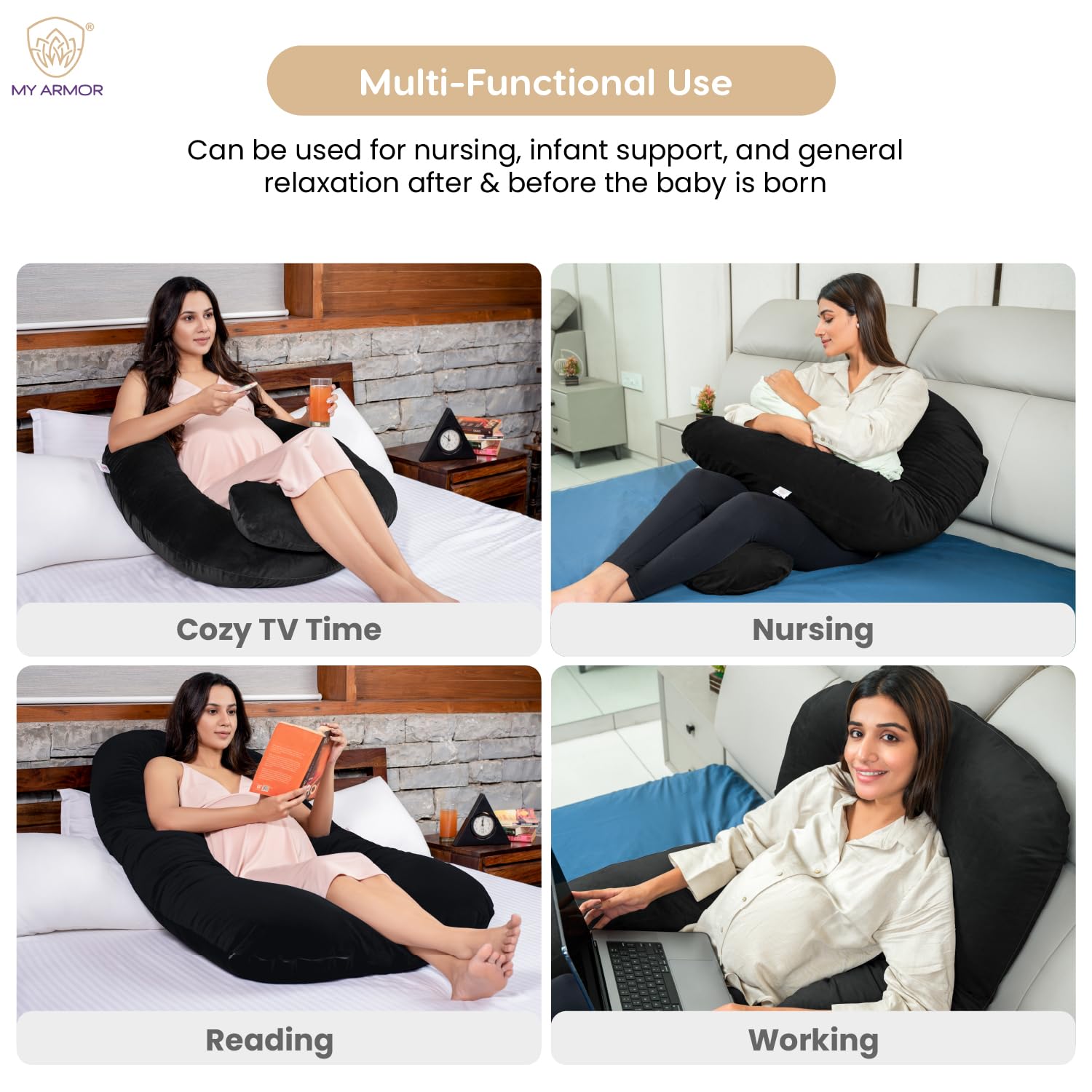 Full Body U Shape Pregnancy Pillow For Women, Maternity Pillow, Black Color | Pillow Gift For Pregnancy Sleeping, Premium Velvet Cover With Zip | Adjustable & Washable, Relieves Pain