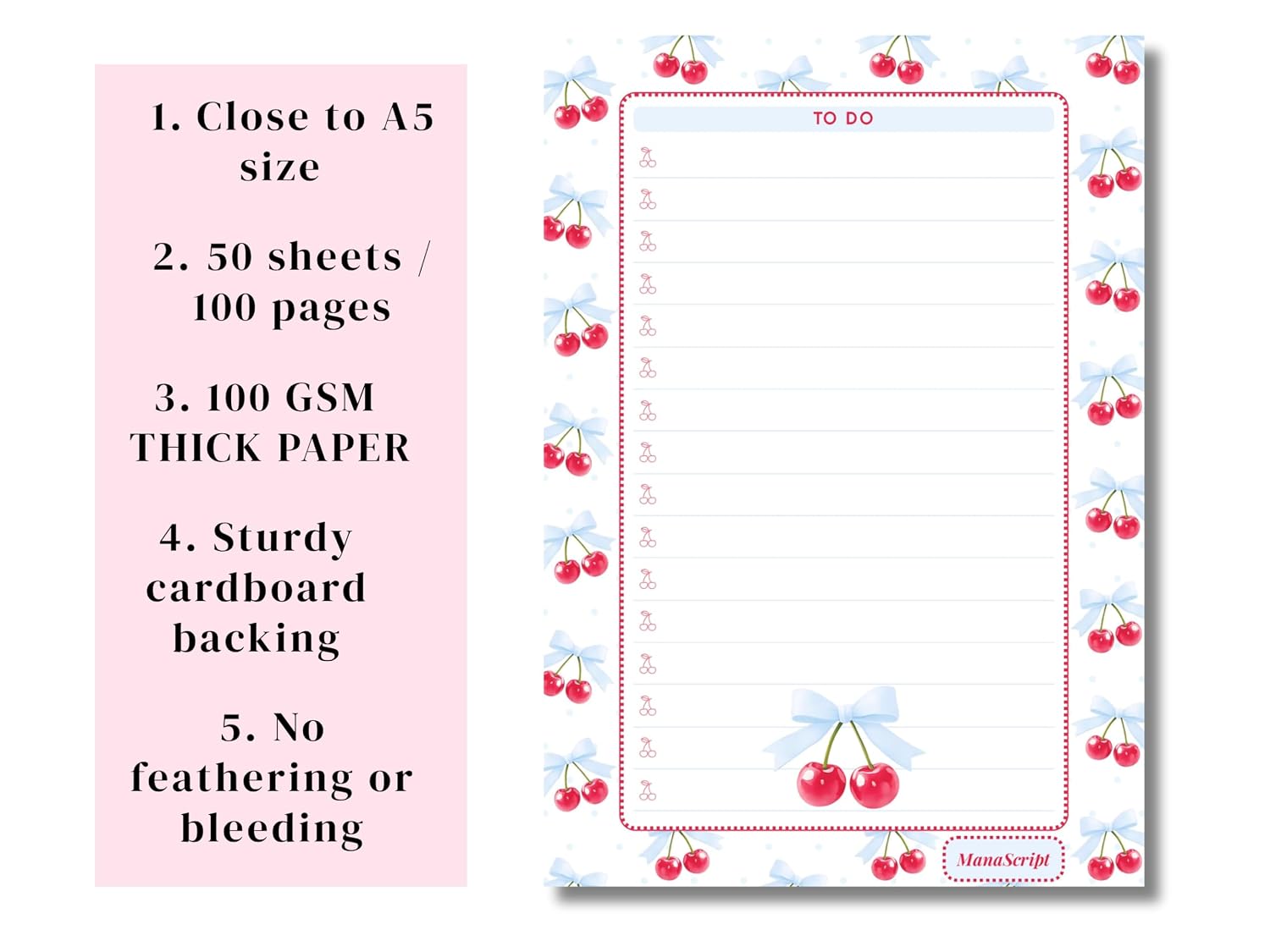 A5 Notes/To Do List Notepad, Beautiful Daily Checklist Pad, Tear-Off Sheets (Cherry-3) Pack Of 1