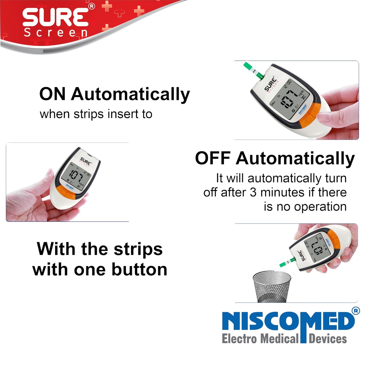 Niscomed Sure Screen Glucose Blood Sugar Testing Monitor With 75 Strips Glucometer (White) | Pain Free Testing Monitor