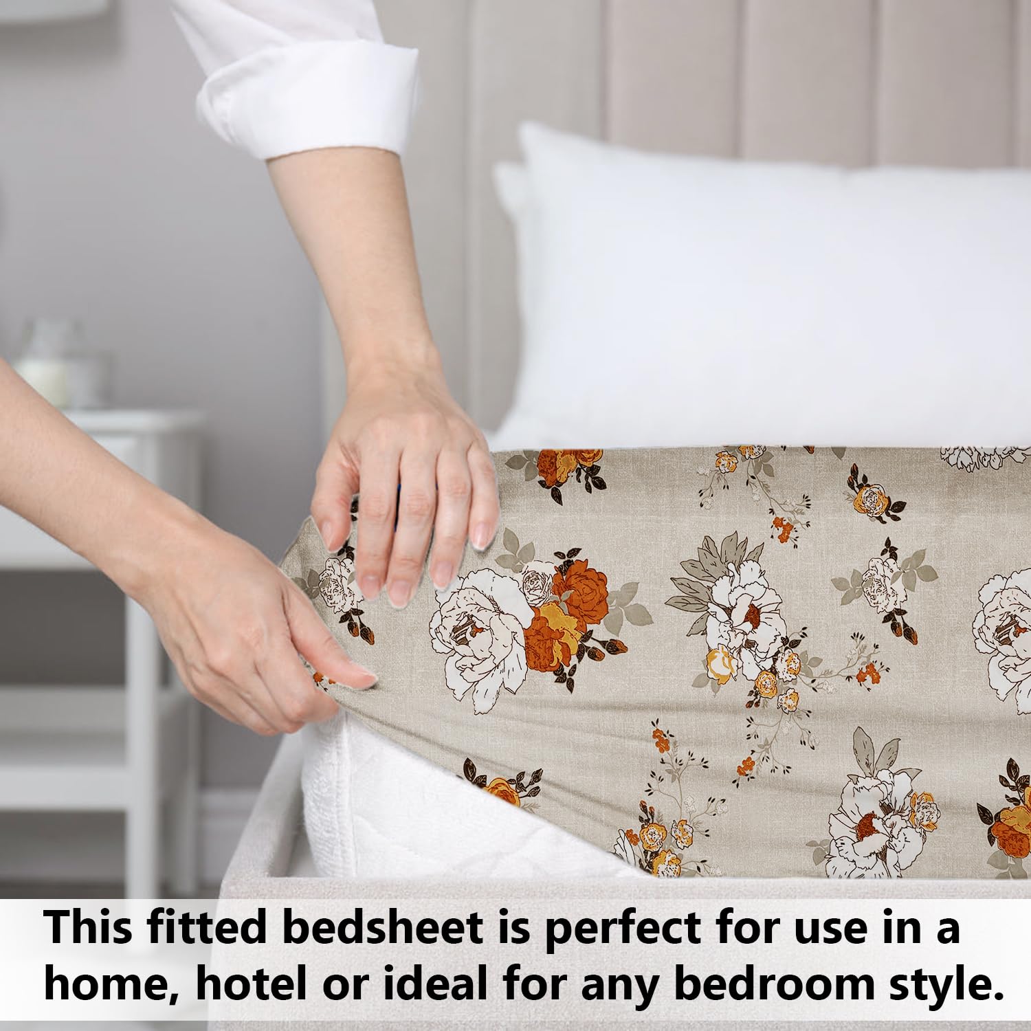 Elastic Fitted Double Bedsheets For Queen Size With 2 Pillow Covers - Size 72 X 68 X 6 Inches, Cream & White | Double Bed With Corner Elastic | Wrinkle Free Super Soft Floral Breathable