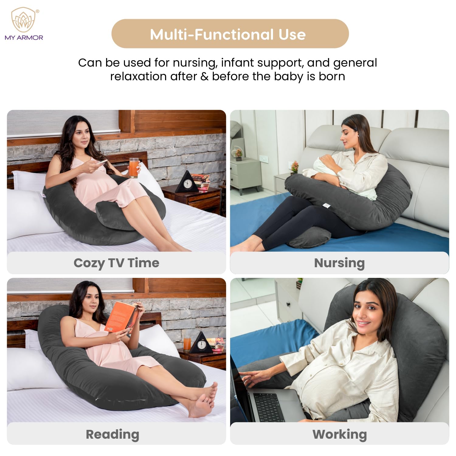 Full Body U Shape Pregnancy Pillow For Women, Maternity Pillow, Dark Grey | Pillow Gift For Pregnancy Sleeping, Premium Velvet Cover With Zip | Adjustable & Washable, Relieves Pain