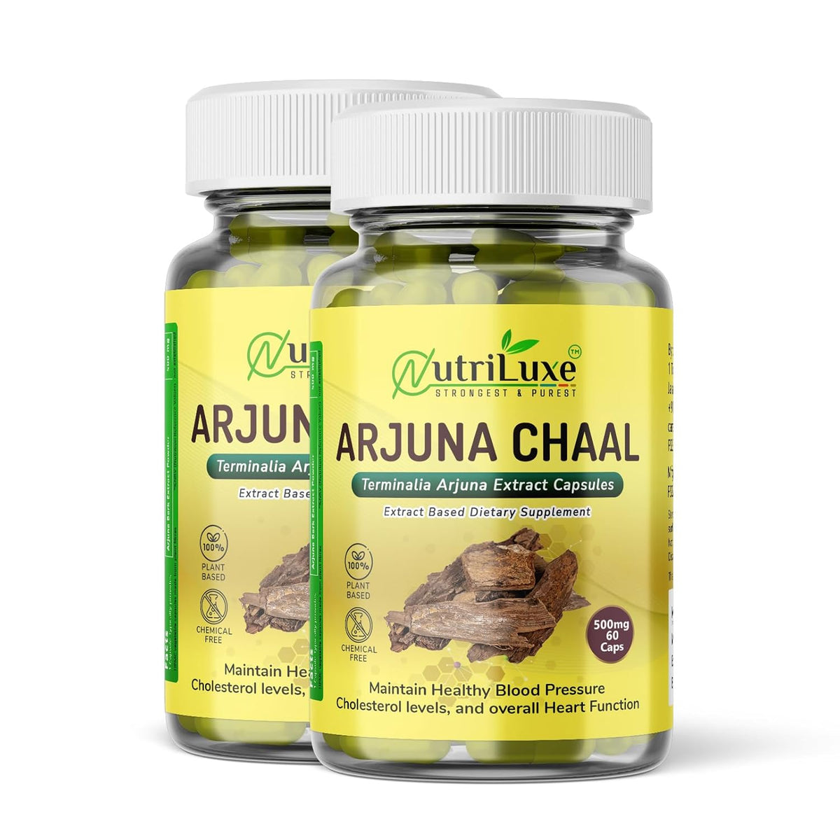 Nutriluxe Arjun Ki Chaal Extract Capsules Promotes Heart Health, Regulates Blood Pressure & Cholesterol Levels | 60 Capsules 100gm 0.2lbs Each Pack Of 2