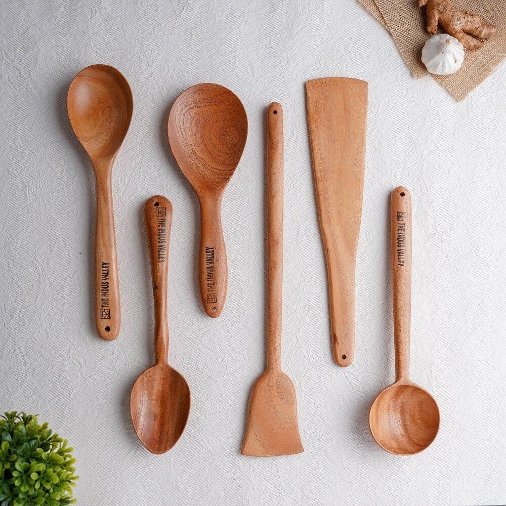 Brown Neem Wood Compact Flip, Spatula, Ladle For Cooking Dosa, Roti, Chapati | Kitchen Tools - No Harmful Polish, Naturally Non-Stick | Handmade Set Of 6, 23 Cm