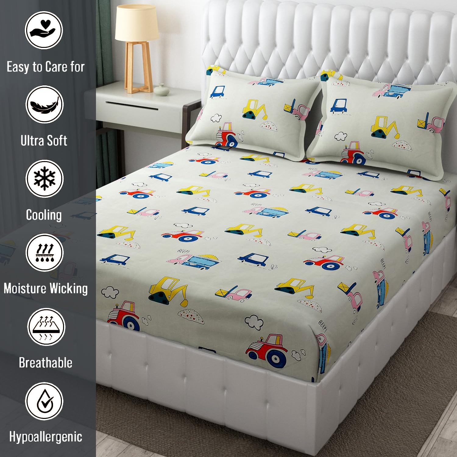 Wrinkle Free Soft Kids Double Bedsheets For King Size With 2 Pillow Cover | 90 X 95 Inches, Cream | Cartoon Printed Design | Child Bedroom Decor