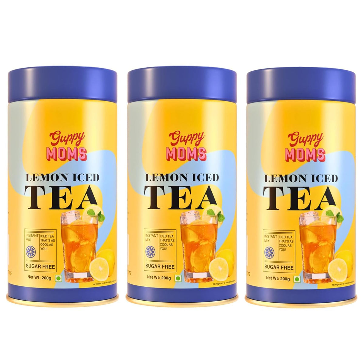 Guppy Moms Lemon Iced Tea Powder - Pack Of 3 X 200gm, 7.05 Ounce Each | Aromatic, Healthy & Easy To Prepare - Sugar Free & Refreshing Summer Drink | Caffeine Free