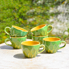 Hand Crafted Ceramic Coffee Mugs Set Of 6 - 200ml Each, Green & Yellow | Chai Cups - Coffee Mug Set - Tea Cup Set