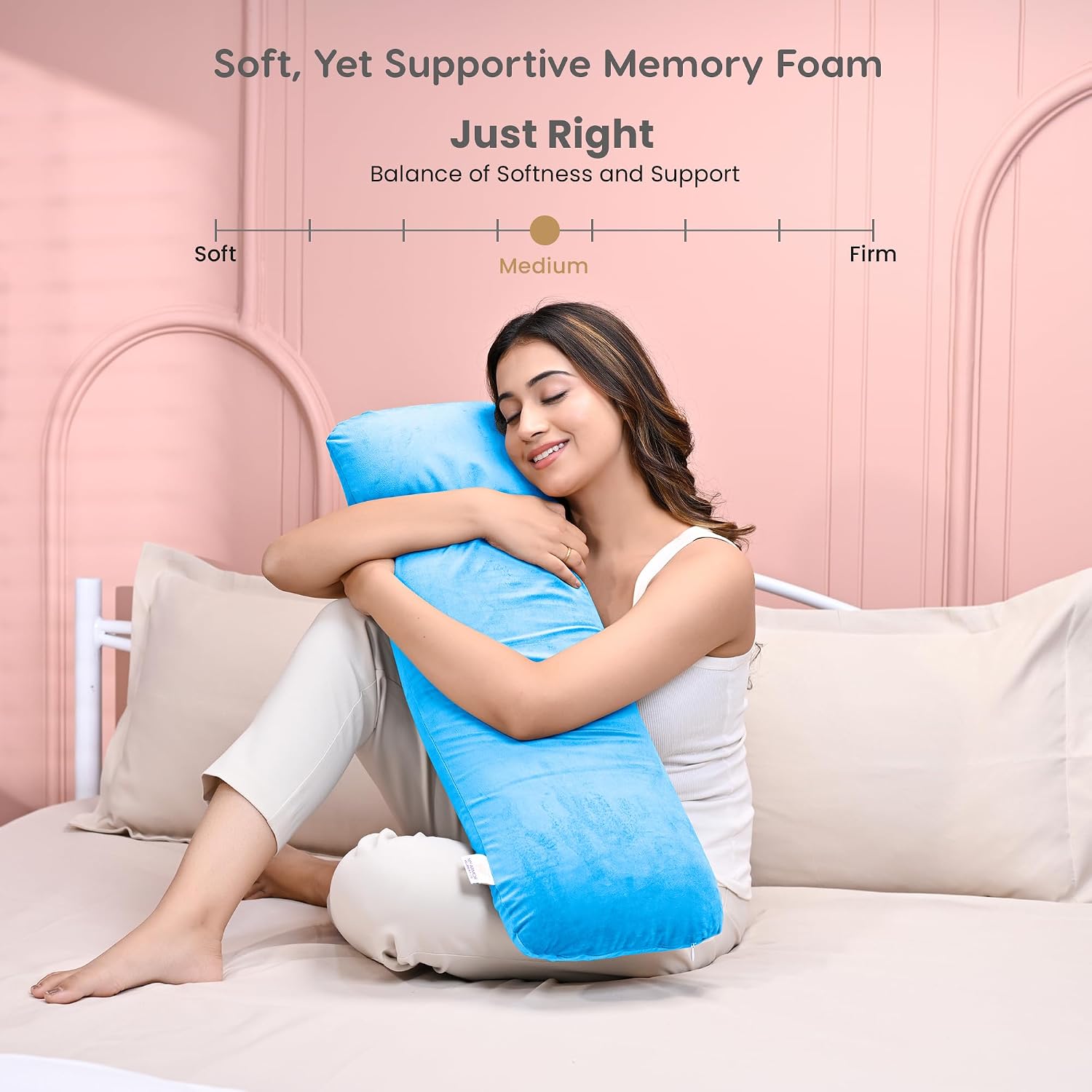 Memory Foam Half Body Pillow, For Sleeping & Hugging, Pregnancy, Sky Blue - 30 X 10 X 5 Inches | Long Cuddle Pillow Suitable For Side Sleepers & Back Support | Velvet Cover, Bed Pillow