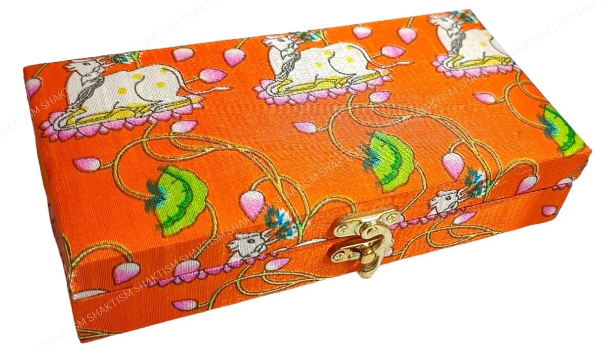 Decorative & Attractive Box Cash Box, Shagun Box, Jewellery Box, Money Box Envelop Wedding, Gift Box, Bangel Box With Cow Lotus Embroidery Design, Colour - Orange