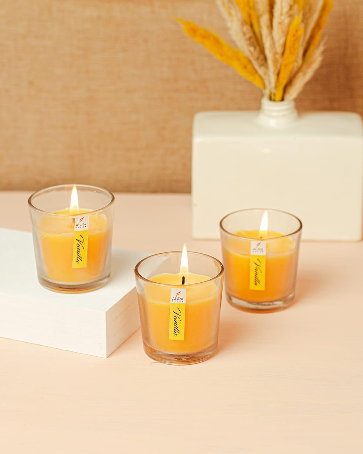 VANILLA FRAGRANCE VOTIVE GLASS CANDLES SET OF 3 | BURNING TIME 12 HOURS