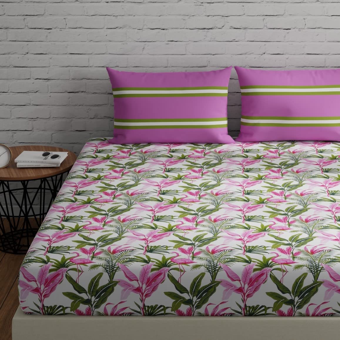 Bedsheets For King Size Bed With 2 Pillow Covers - 108 X 108 Inches | Flamingos & Stripes Pink & Green | Perfect For Home Decor & Gifts | 144 Thread Count