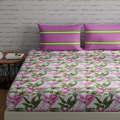 Bedsheets For King Size Bed With 2 Pillow Covers - 108 X 108 Inches | Flamingos & Stripes Pink & Green | Perfect For Home Decor & Gifts | 144 Thread Count