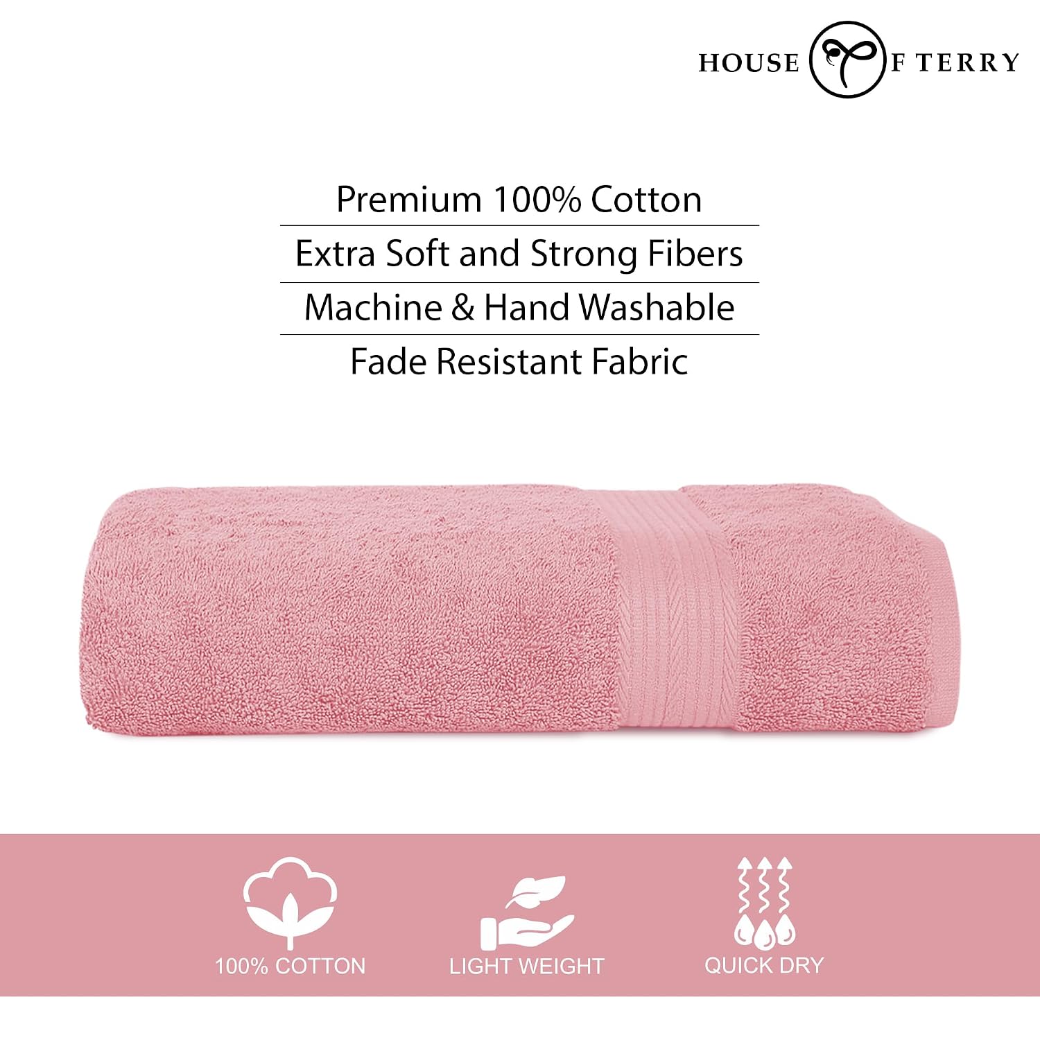 House Of Terry 100% Cotton Bath Towel 1000 Gsm | Quick Dry, Soft & Absorbent, Fade-Resistant, Skin-Friendly, For Men & Women Towel (Baby Pink) - Pack Of 2