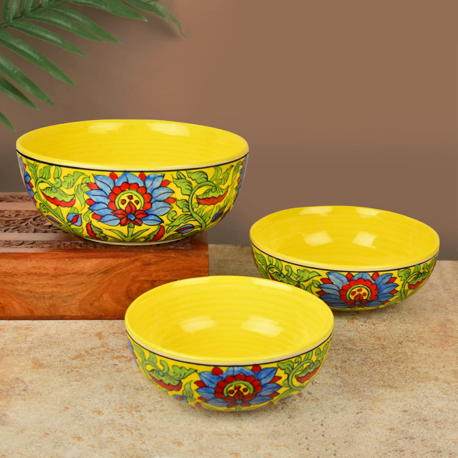 Hand Painted Ceramic Dinner Big Serving Bowls Set Of 3 - Yellow & Multicolor, 1200ml, 1000ml & 800ml | Stackable Kitchen Bowls Set - Mixing Bowls Set