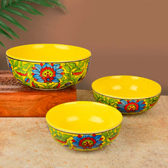 Hand Painted Ceramic Dinner Big Serving Bowls Set Of 3 - Yellow & Multicolor, 1200ml, 1000ml & 800ml | Stackable Kitchen Bowls Set - Mixing Bowls Set