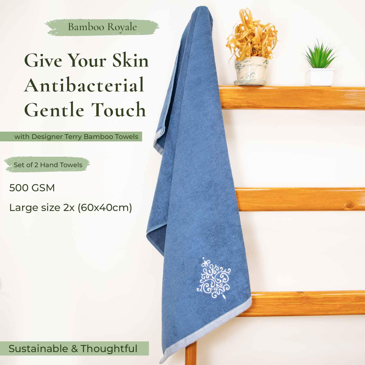 Rangoli 100% Bamboo Hand Towels 500 Gsm | Ultra Soft, Quick-Absorbent & Eco-Friendly Towels For Hand & Bathroom - Blue (Set Of 2)