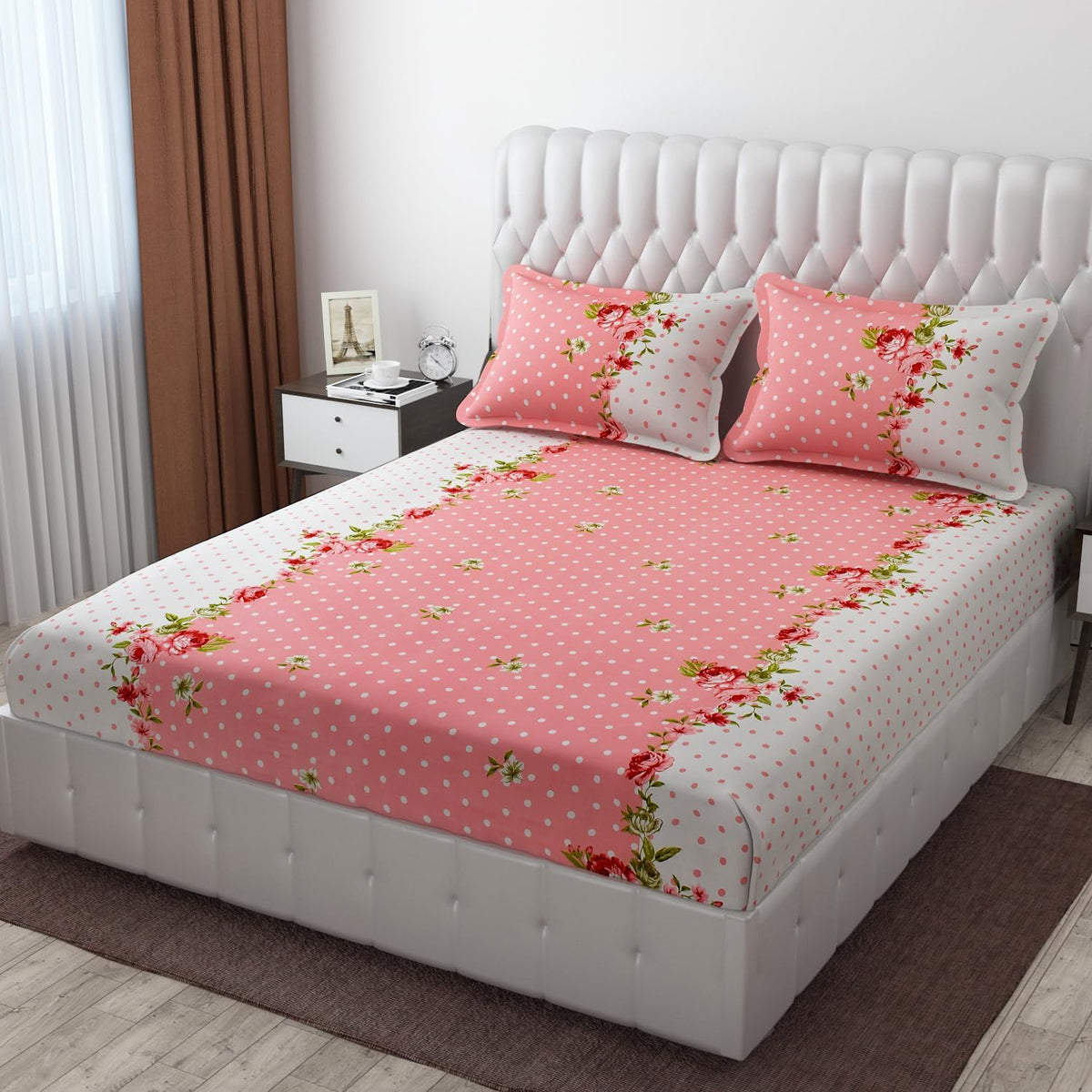 Elastic Fitted Double Bedsheets For King Size With 2 Pillow Covers - 72 X 78 X 10 Inches, White & Peach | Premium Heavy Cotton All Around Elastic Fitted | Ideal For Hotel, Home, Bedroom