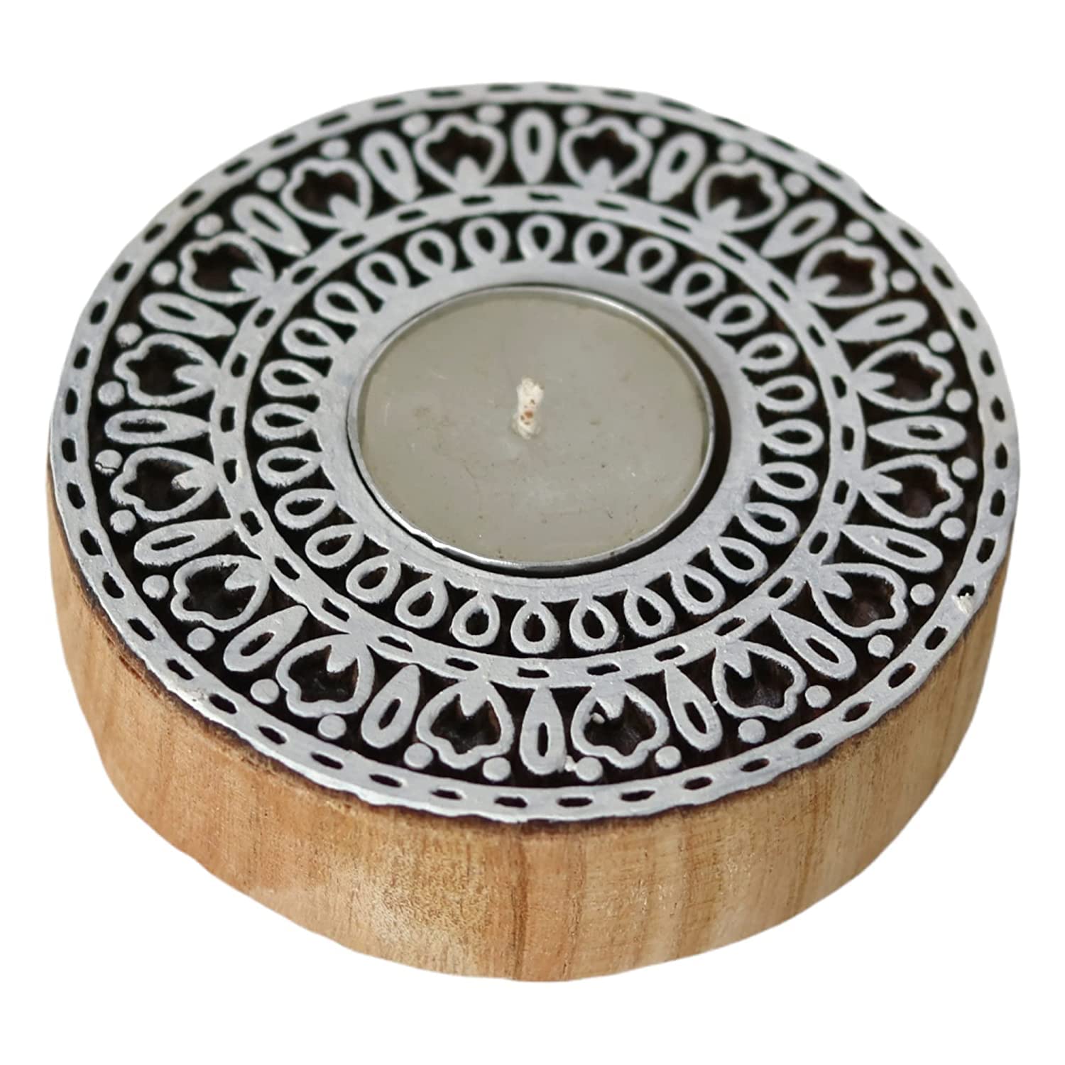 WOODEN ROUND BLOCK MANDALA STAMP PRINTING TEA LIGHTS CANDLE SET OF 2 TABLE DECOR