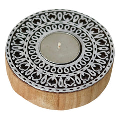 WOODEN ROUND BLOCK MANDALA STAMP PRINTING TEA LIGHTS CANDLE SET OF 2 TABLE DECOR