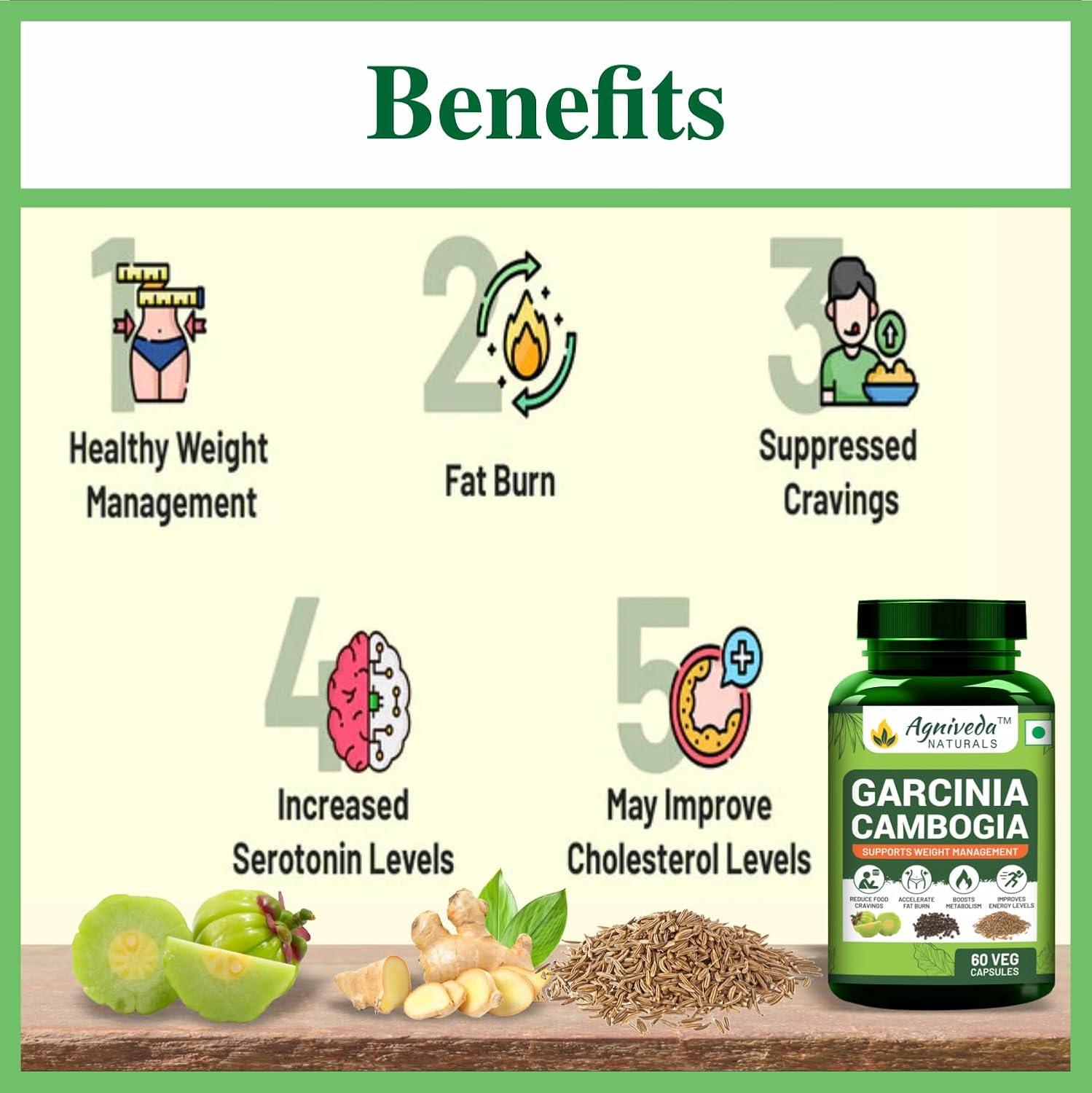 Agniveda Naturals Garcinia Cambogia Capsules Natural Weight Loss Supplement 1000mg Extract, Supports Metabolism & Energy, Supports Appetite Control, Reduce Fat Storage | 60 Capsules 100gm 0.2lbs