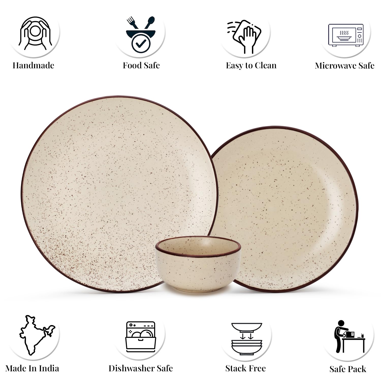 Hand Painted Ceramic Solid Dinner Set Of 18 - Beige Speckled | 6 Dinner Plates, 10.6 Inch Each+ 6 Small Plates, 7.4 Inch Each + 6 Small Dinner Bowls, 170ml Each | Microwave & Dishwasher Safe