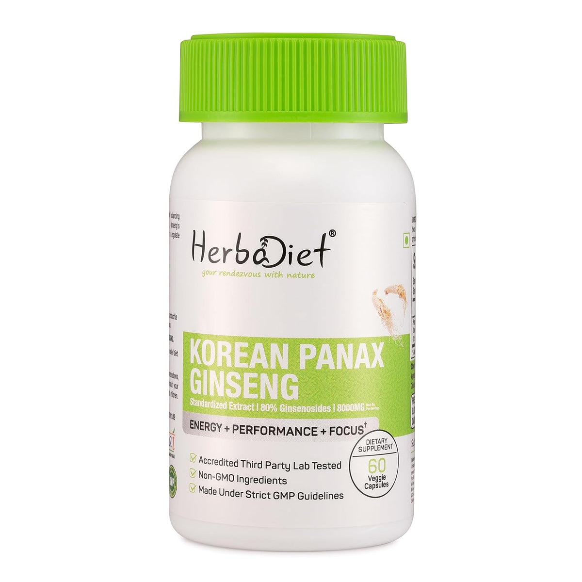 Herbadiet Korean Panax Red Ginseng Extract Extra Potent 80% Ginsenosides, Supports Energy, Endurance & Vitality | 60 Capsules 100gm 0.2lbs