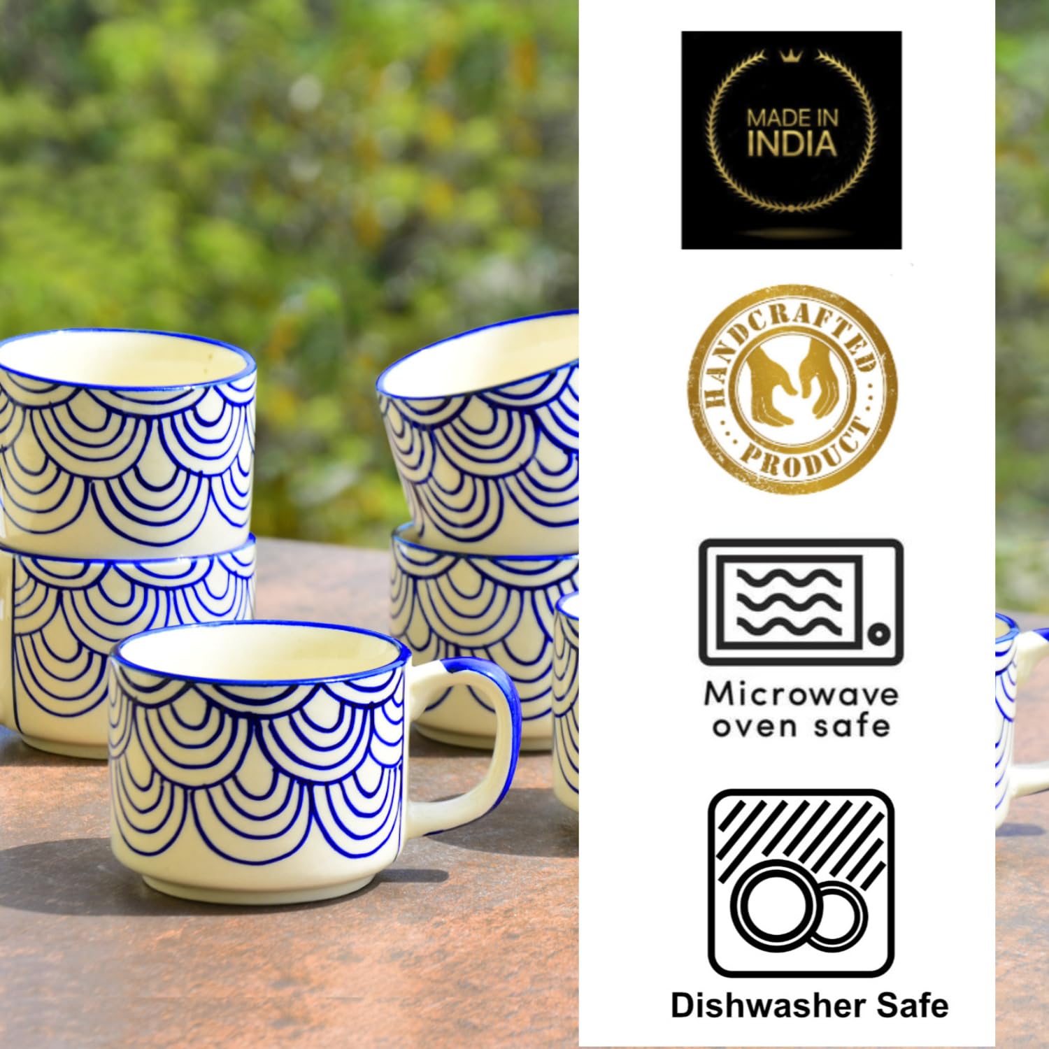 Hand Painted Blue Spiral Ceramic Cups Set Of 4 - Blue, 150ml Each | Microwave & Dishwasher Safe Tea Cups & Mugs - Cups For Chai, Coffee, Cappuccino, Milk, Latte, Hot & Cold Drinks