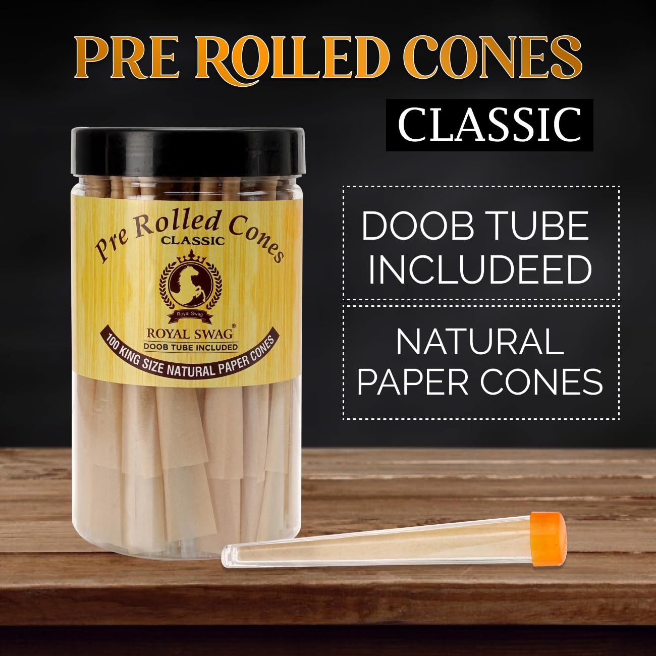 Royal Swag Pre-Rolled Cones Classic King Size Rolling Papers With Filter Tips - 110mm Long Cones Party Pack - 100 Count Ready To Use Cones - Includes Fiber Doob Tube Reusable