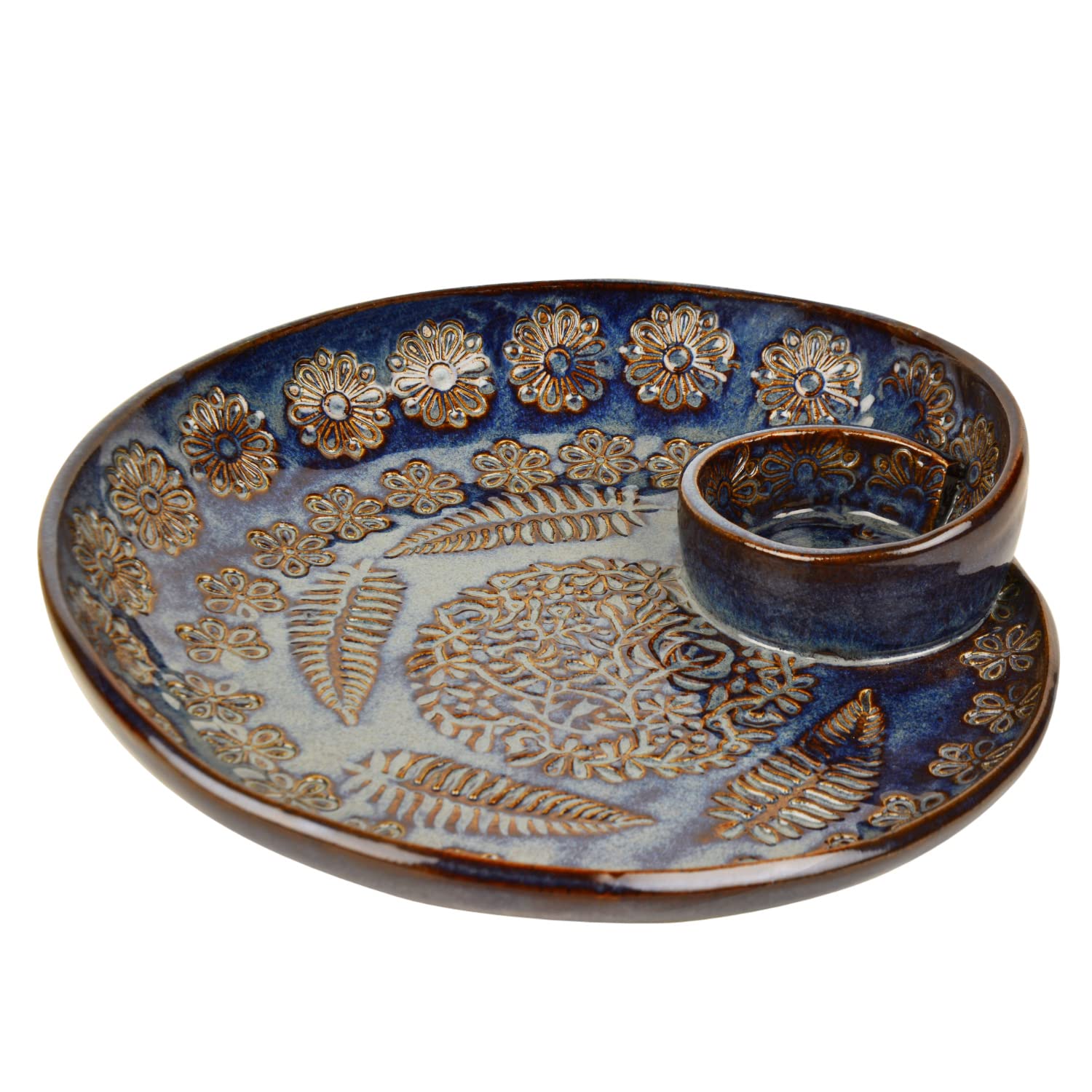 Luxurious Hand Embossed Ceramic Chip & Dip Platter With Fixed Dip Bowl - Dove Blue, 12 Inches, 1400 Gm | Starter Serving Platter - Kebab Platter